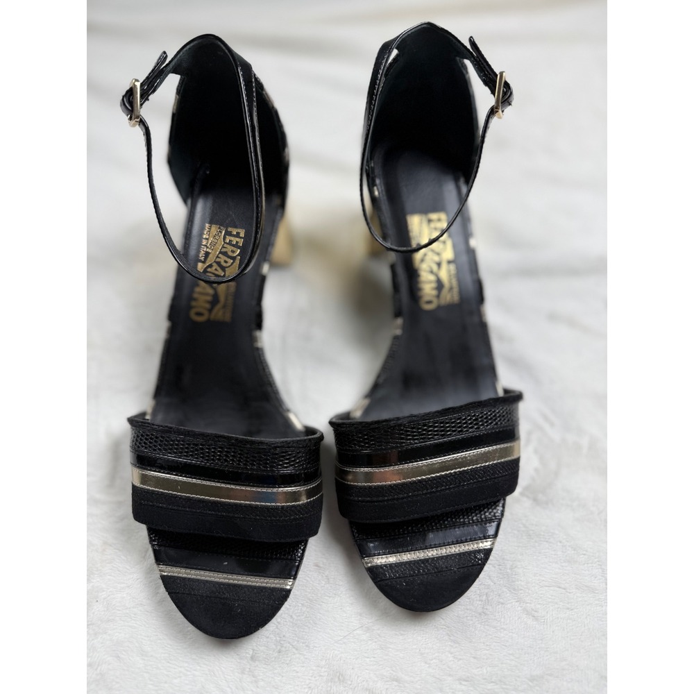 Salvatore Ferragamo Black Gold Block Heel Ankle Strap Sandals 9.5 B 5455